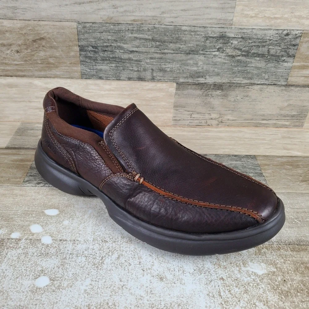 Clarks Bradley Step Mens Loafers Sz 12‎ M Brown Tumbled Leather Elastic Gores